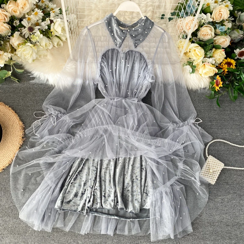 

Pearl Dress Long Sleeve Mesh Dress Velvet Autumn Winter Ruffle Sexy Patchwork Dresses Woman Party Night 2019 Korean Robe Femme