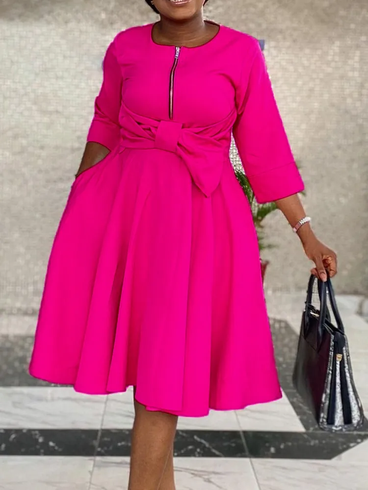 

2021 Spring Summer Women's Dresses Africa Fashion Elegant Office Mid-Skirt Solid Color 1/2 Sleeves High Waist Big Swing Dress