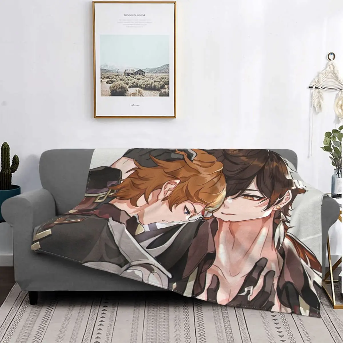 

Zhongli And Tartaglia Genshin Impact Blanket Fleece Spring/Autumn Anime Cute Plaid Manga Soft Throw Blanket for Home Travel