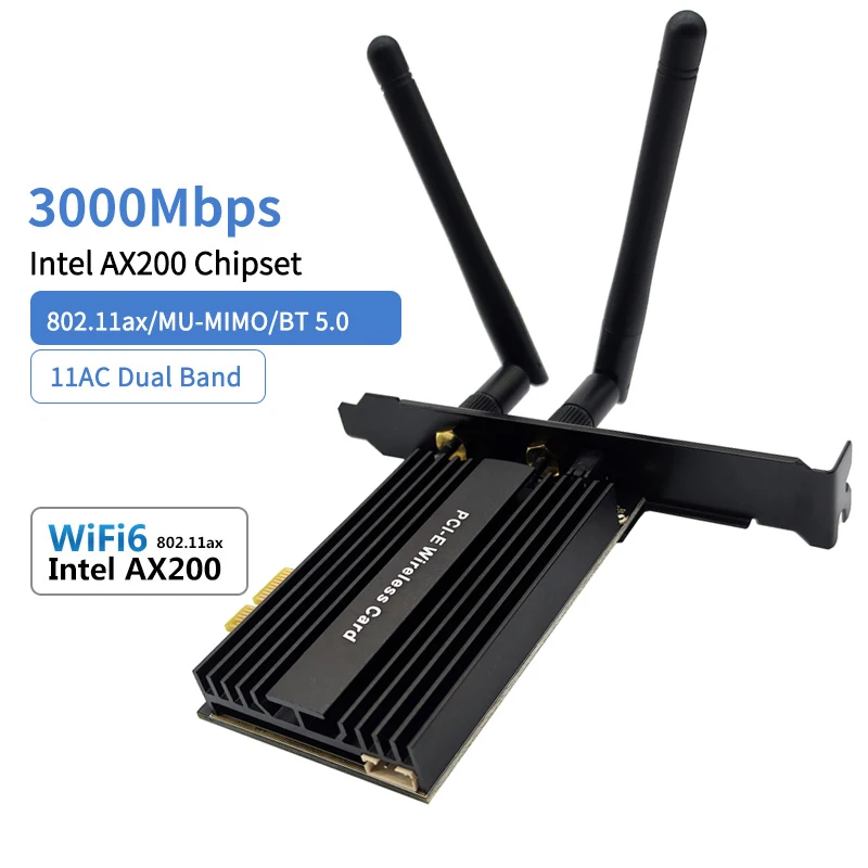 

3000Mbps Dual Band Wireless Desktop PCIe For Intel AX200 Pro Card 802.11ax 2.4G/5Ghz Bluetooth 5.0 PCI Express WiFi 6 Adapter