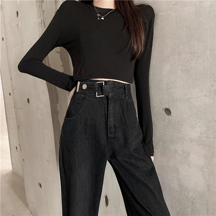 

Pants's Korean-Style Retro Design High Waist Show Thin Black Jeans All-Match Loose Cropped Harem Daddy Pants