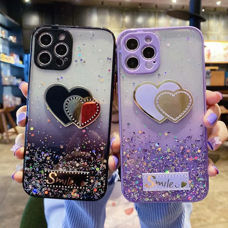 

Love Clear Glitter Phone Case For iPhone 11 Pro Max XS Max XR X 7 8 Plus 12 Mini SE 2020 Cute Gradient Sequins Coque Cover