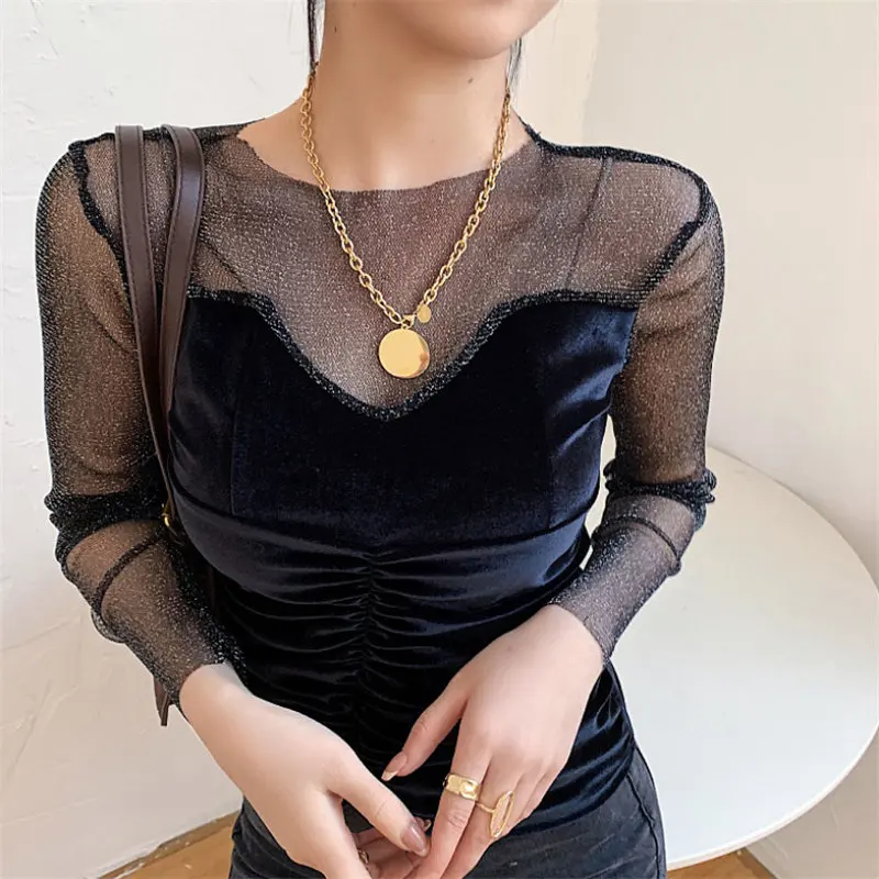 

HziriP 2021 Новое поступление лоскутное кружево с длинными рукавами Горячая Осенняя бархатная Женская Сексуальная футболка большого размера