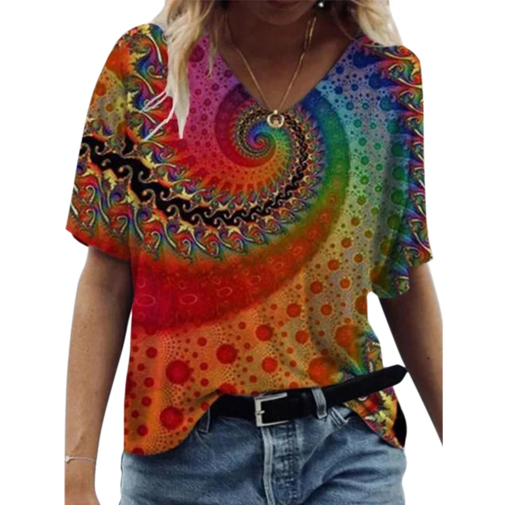 

Abstract Painting Print Short Sleeve T-shirt Women Casual V-Neck Loose Top 2021 Summer Streetwear Multicolor Ladies Tee Tops