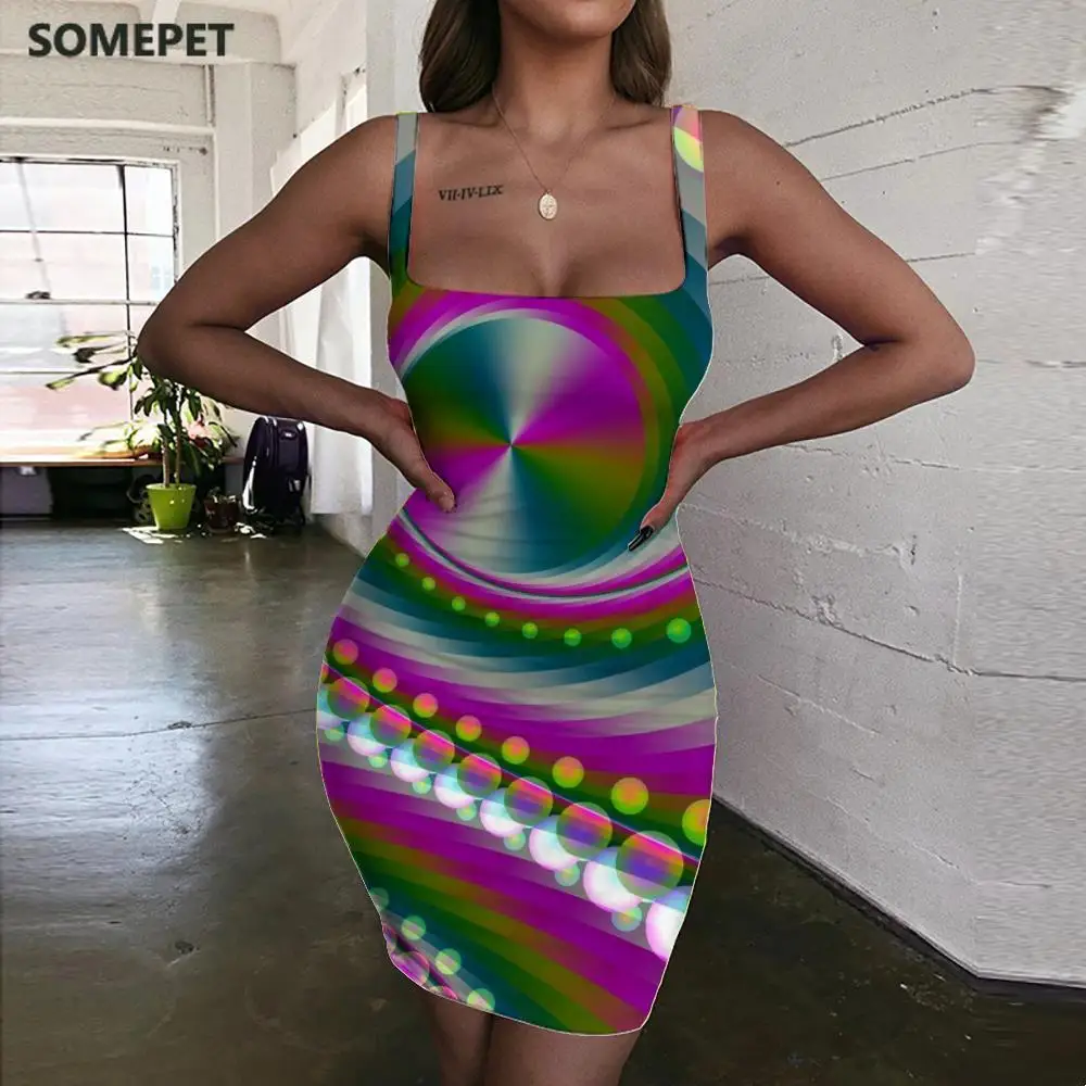 

SOMEPET Psychedelic Dresses Women Colorful Bodycon Dress Dizziness Vestido Sexy Abstract 3d Print Womens Clothing Club Vintage