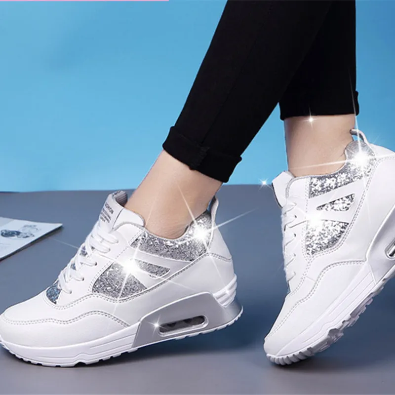 Bling Platform Wedge Sneakers Leather Casual Shoes for Women Black White Sneakers Lace-up Chunky Shoes Women Sport Sneakers