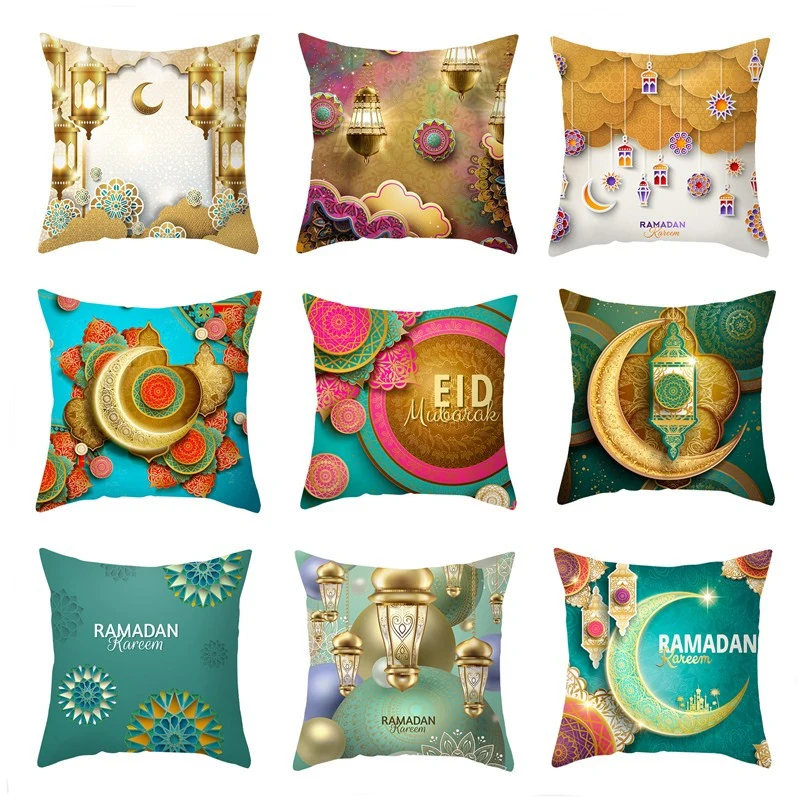 

Islamic Eid Mubarak Decorations For Home Cushion Cover Ramadan Decor Cotton Sofa Mosque Muslim Decorative Pillowcase 45X45cm