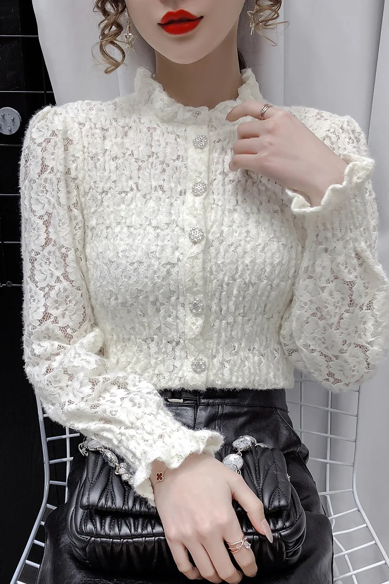 

COIGARSAM Fashion Lace Shirt Womens tops New Upset Women shirts White Black Apricot 1657