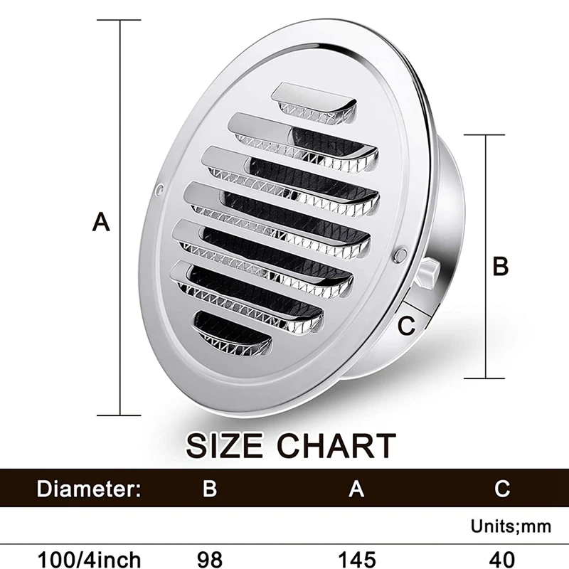 

Stainless Steel Exhaust Port Round Louver Grille Cover Wall Wind Vent with Screen Mesh Suitable for Wall and Ceiling