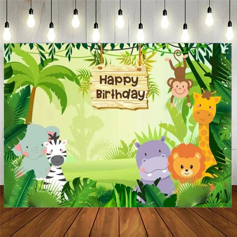

Jungle Safari Photography Backdrop Cartoon Animals Forest Kids Birthday Party Photo Booth Background Event Banner Decorations
