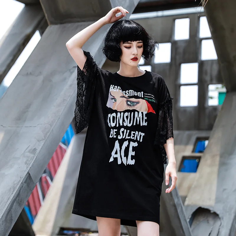 

Летние свободные черные платья с надписью, женское новое платье с кружевными рукавами и оборками, уличная одежда