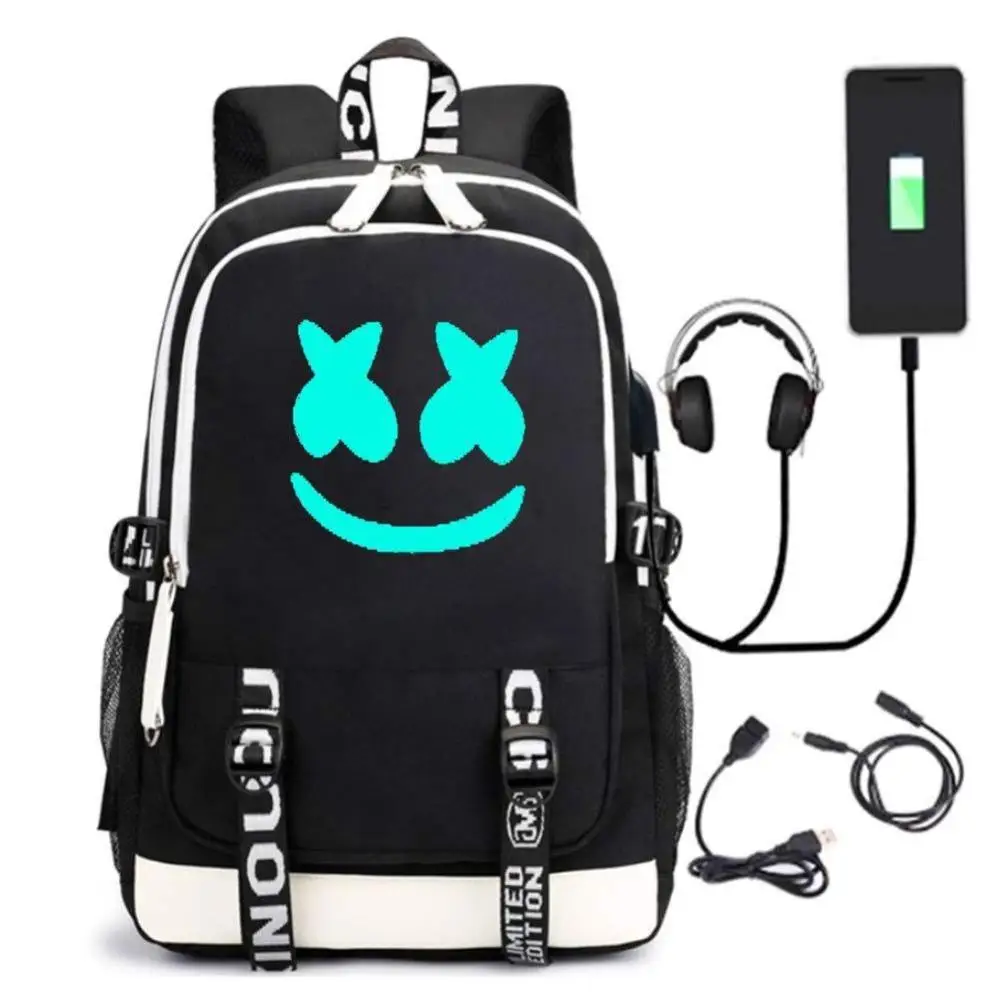 

Schoolbag backpack super cool large-capacity bags electro-acoustic DJ smiley face marshmallow student shoulder bag USB Charging