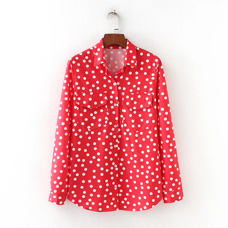 Женская винтажная красная блузка в горошек с длинными рукавами и двойными