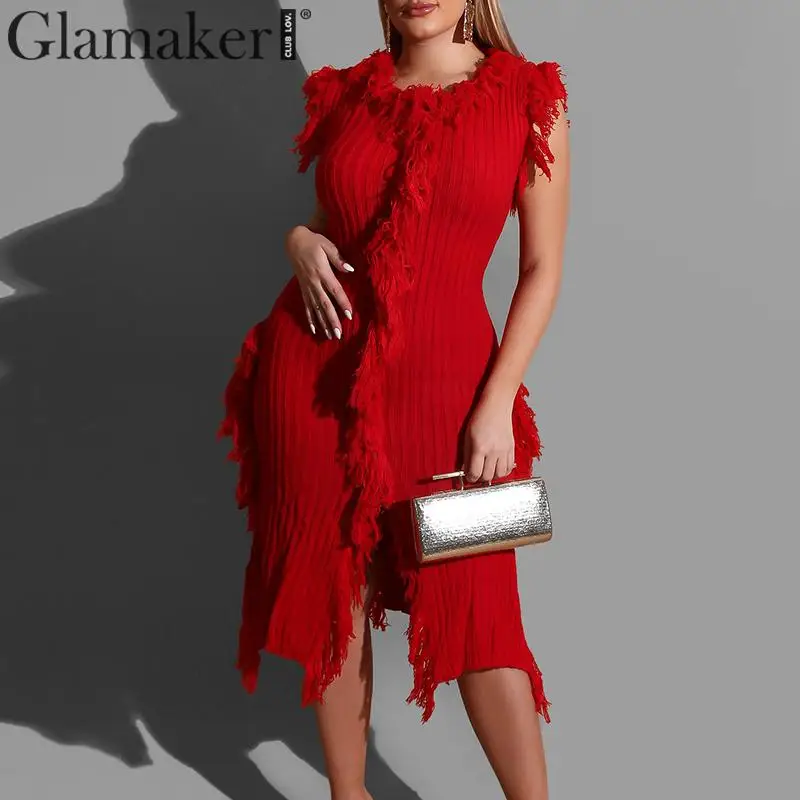 Glamaker/красное платье без рукавов с кисточками в стиле пэчворк женское длинное
