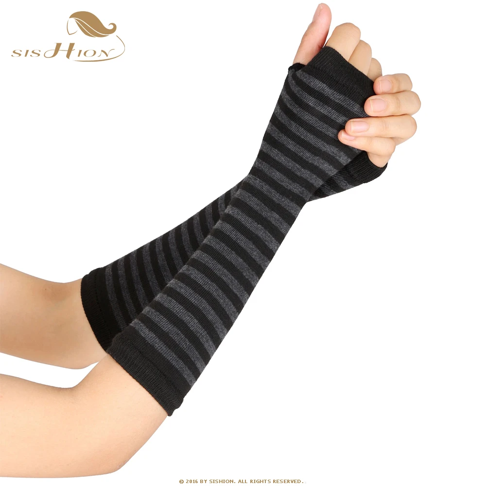 Black gray striped SISHION осенние женские гетры для запястья рук SP0527 вязаные перчатки без пальцев с длинным рукавом мягкие полосатые налокотники перчатки - Цвет: Black gray striped
