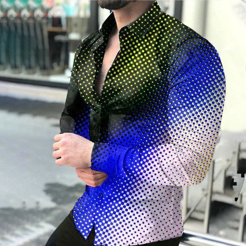 Mens Blue Polka Dot Blouse Casual lapel Button Up Shirts Men Chemise Homme Party Club Male Shirts Garden Point Camisas Masculina
