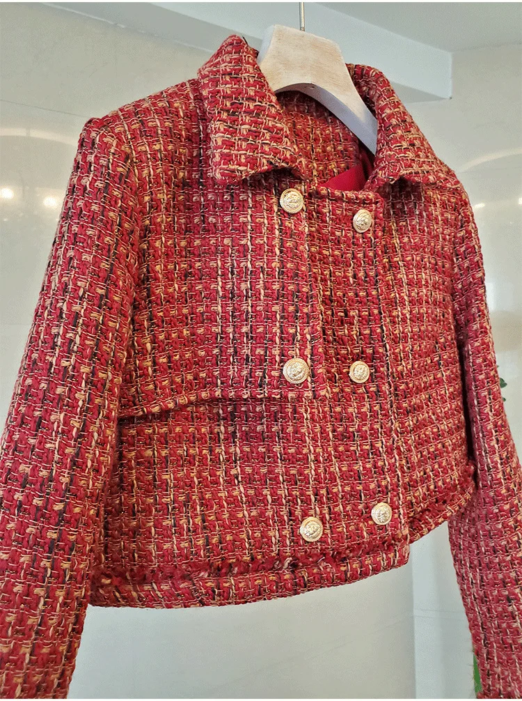 

New 2021 High Quality Red Tweed 2 Piece Set Women Fahsion Short Jacket Coat + Elegant Mini Tassel Pencil Wool Blend Skirt Suits