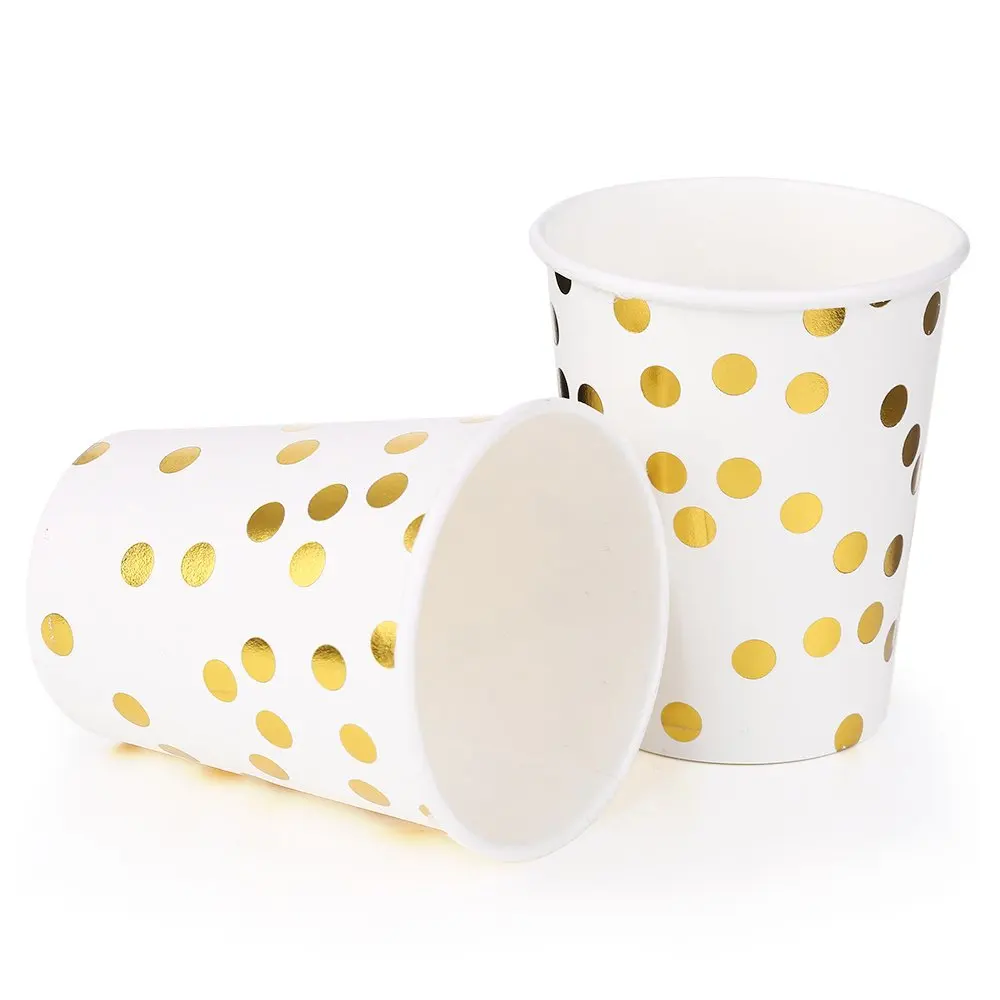 

2021 New 9Oz Paper Cup Gold Rose Gold round Golden Dots Disposable Banquet Tableware