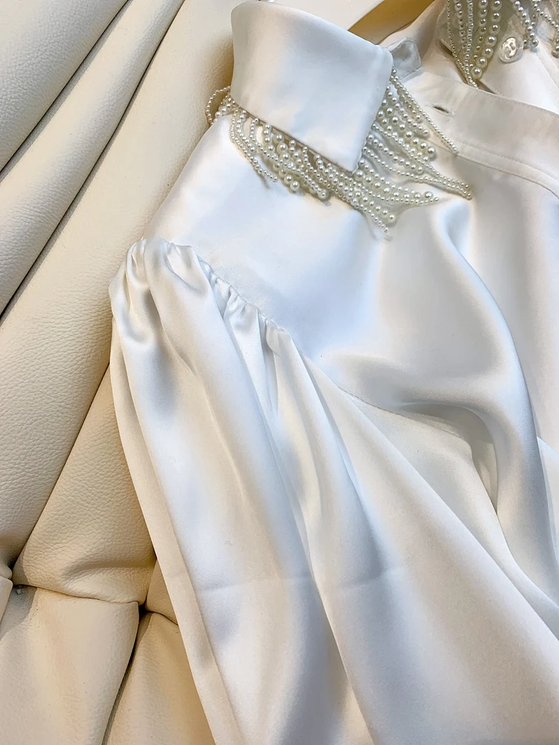 

Spring Fashion Button Up Satin Shirt Elegant Female Loose Pearls Beaded Women White Blouse Lady Top Long Sleeves Faux Silk Shirt