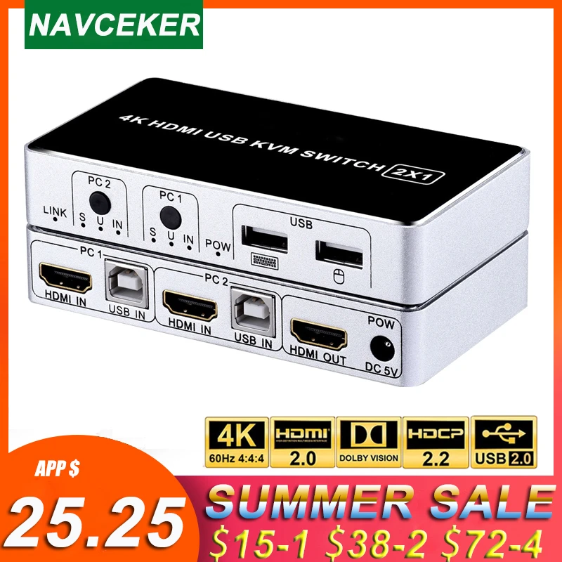Navceker 2 порта HDMI KVM переключатель 4K USB Поддержка 0 клавиатура мышь для ПК ноутбука XBox