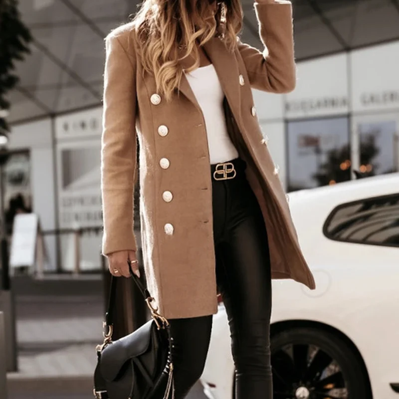 

Elegant Turn-down Collar Wool Long Coats Women Autumn Winter Warm Long Sleeve Button Coat Casual Office Ladies Jacket Plus Size