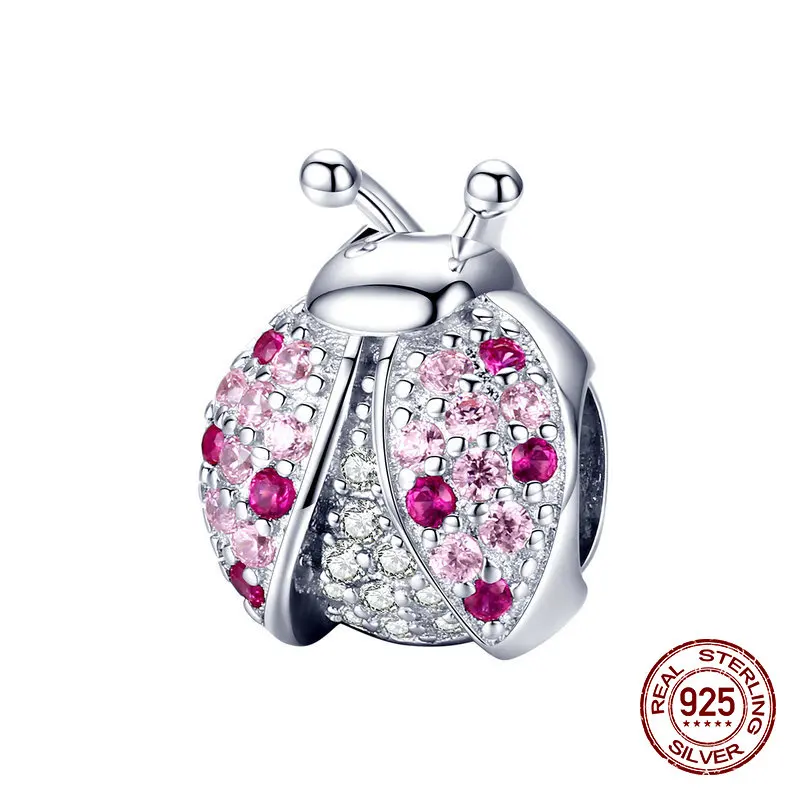 Fit Pandora браслет Шарм розовый циркон бусины «божья коровка» 925 стерлингового серебра Женщина Подвеска для изготовления ожерелья Лидер продаж