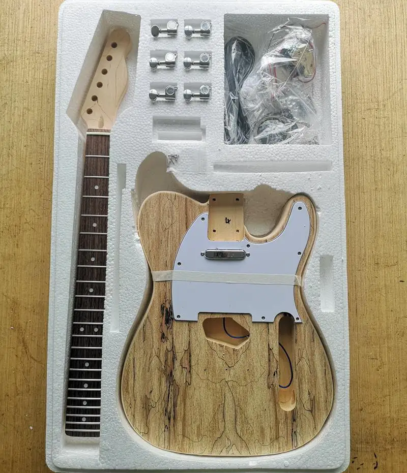 TL стиль электрогитара DIY Kit Spalted клен шпон бас дерево тело жесткий клен шеи палисандр гриф набор