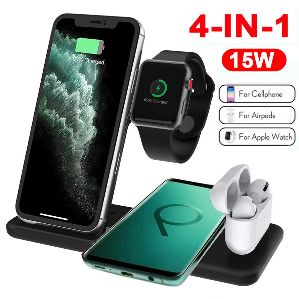 Умное Беспроводное зарядное устройство 4 в 1 Qi для iPhone 11 Pro Max XS XR 8 15 Вт USB быстрая