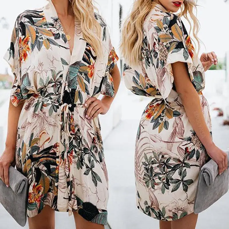 2020 модное летнее пляжное платье с цветочным принтом и поясом хлопковая туника