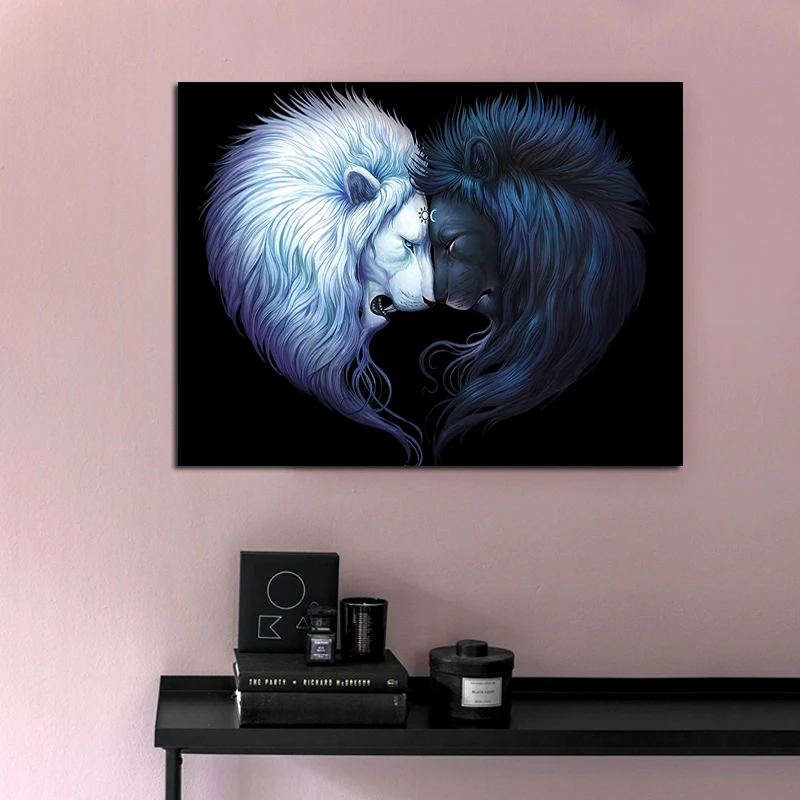 Холст Живопись настенное искусство Белый Черный Лев сердце абстрактные плакаты