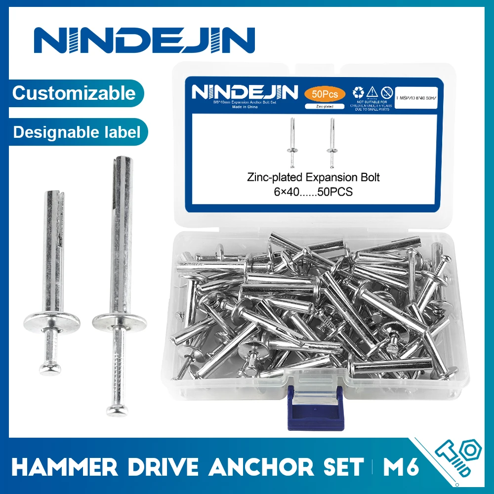 

NINDEJIN 35/50pcs Hammer Drive Anchor Set Zinc Alloy Concrete Anchor M6 Nail-in Anchors for Block and Brick