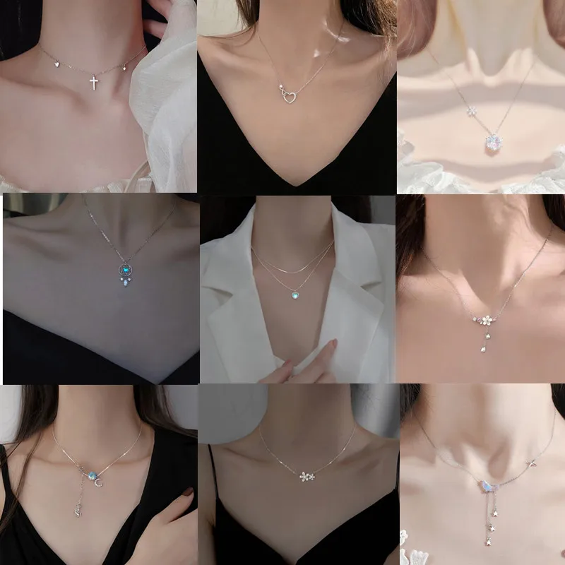 

925 Sterling Silver Zircon Cross Dreamcatcher Flower Pendant Choker Necklace For Women Girls Statement Birthday Jewelry dz458