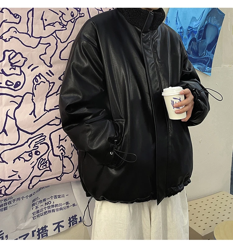 DIMI Winter Oversized Warm Thick Reversible Leather Jacket Men with Fleece Inside Zip Up Casual Loose Luxury Fashion