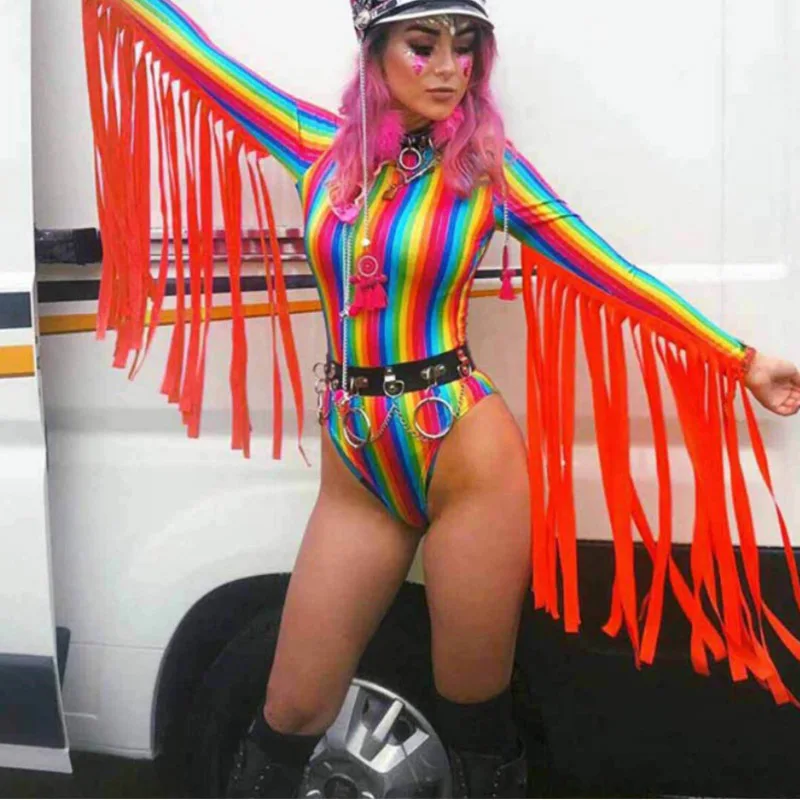 

Nightclub Sexy Colorful Striped Tassel Jumpsuit Festival Outfit Rave Clothes Female Adult Singer Dj Bodysuit Stage Wear