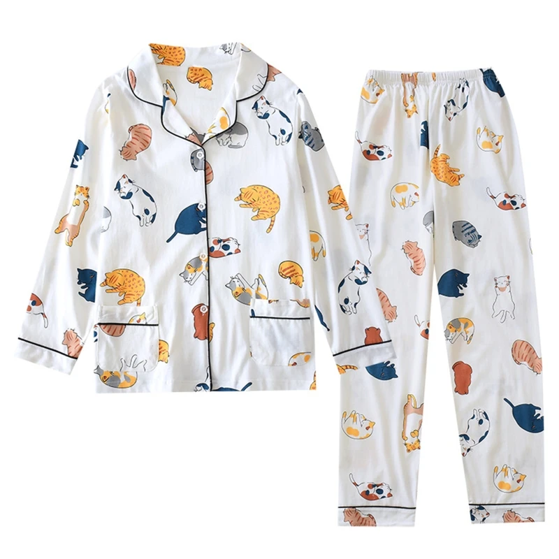 

Women Spring Cartoon Cat Pajamas Set Long Sleeve Lapel Button Top Loose Pants