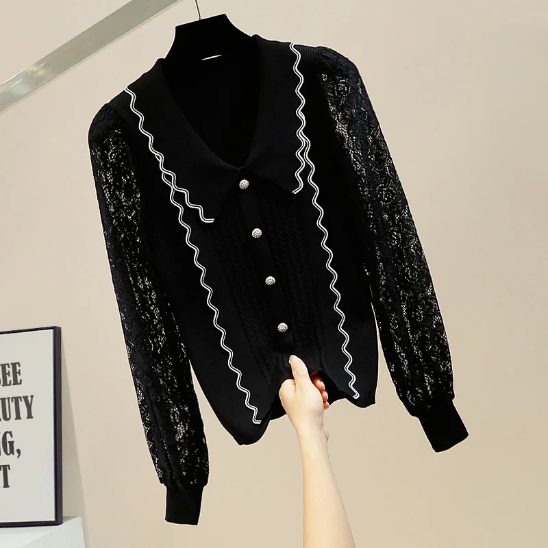 

Hollow Lace Sleeve Stitching Knitted Sweater Women Slim Pullover Female Temperament Lady Chic Top Winter Sweater Women