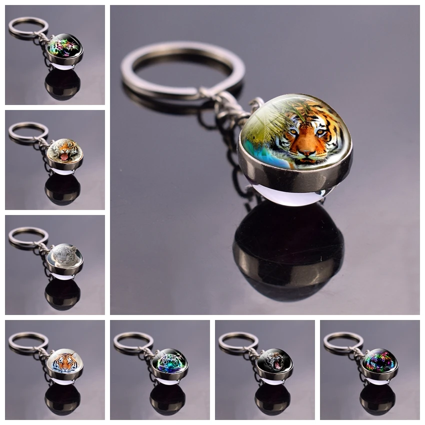 

Ferocious Tiger Pattern Keychain Double-Sided Glass Ball Tiger Pendant Jewelry Keyring Animal Car Chainkeychain Accessories Gift