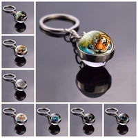 ferocious tiger pattern keychain double sided glass ball tiger pendant jewelry keyring animal car chainkeychain accessories gift