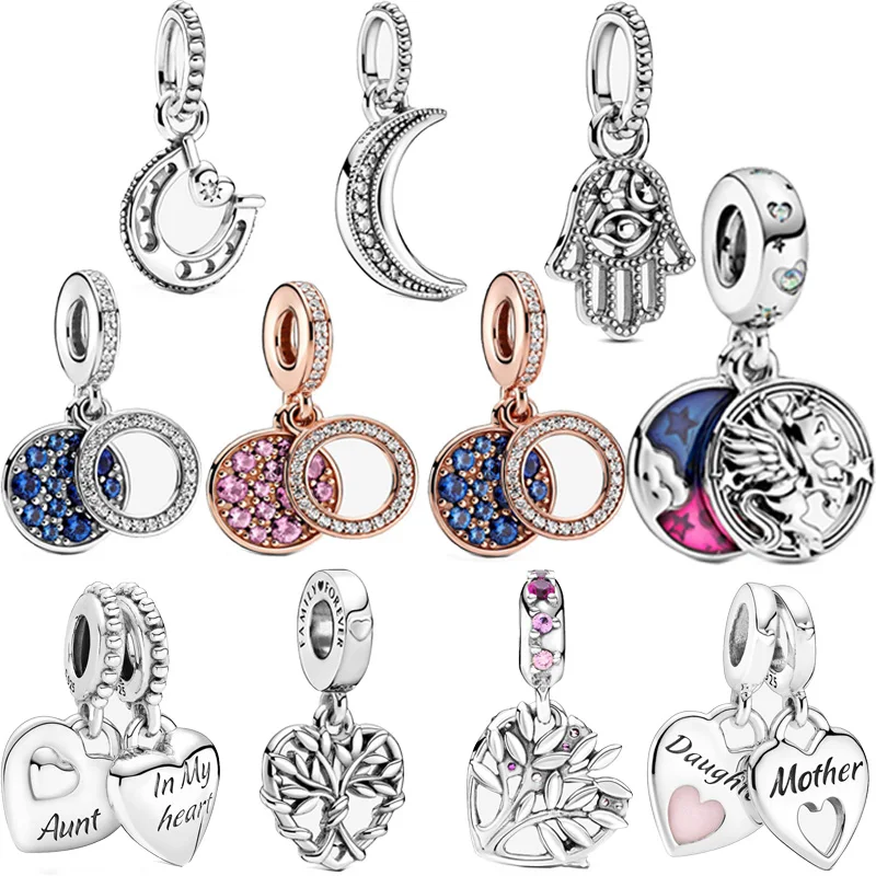 

Winter New 925 Sterling Silver Beads Magical Unicorn Double Dangle Charms fit Original Pandora Bracelet Women DIY Jewelry
