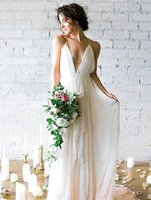 vestidos noiva simple beach wedding dress v neck spaghetti backless bridal wedding dresses white chiffon a line wedding dress