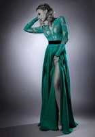 summer dress evening gown vestido de festa 2018 new fashionable sexy backless green lace long sleeve evening dress free shipping