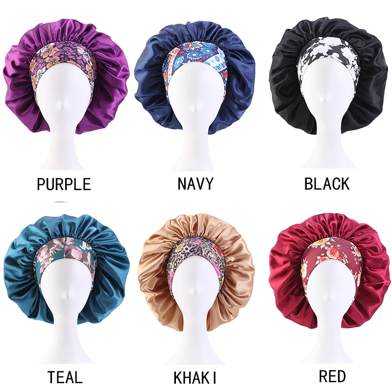

New Extra Large Women Sleep Cap Floral Print Soft Wide Hair Bonnet Satin Cover Lined Sleep Cap Night Sleeping Hat Ladies Turban