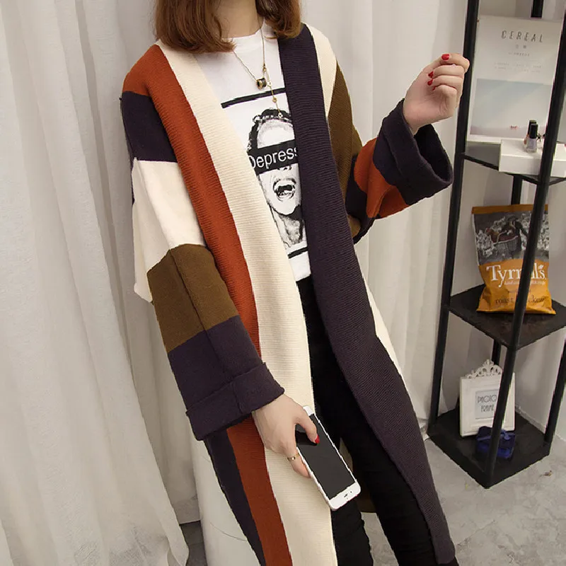 

Spring Autumn Mid-Length Color-Blocking Knitted Cardigan Woman 2021 New Korean Fashion Loose Long-Sleeved Harajuku Sweater Coat