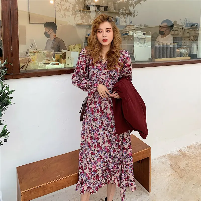 Милое женское элегантное винтажное платье с цветочным принтом и v образным