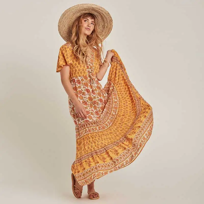 Богемный Вдохновленный желтым цветочным принтом длинное платье Бохо на