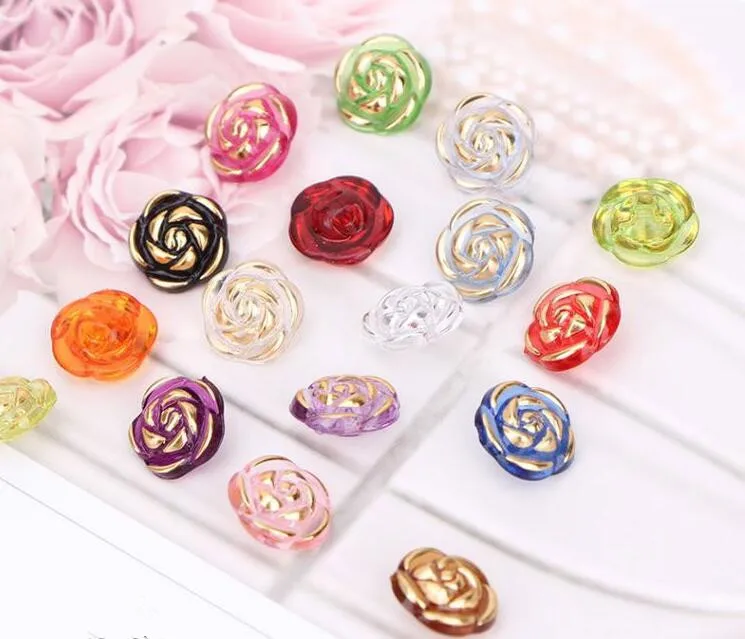 10pcs Crystal Buttons Candy Color Gold Edge Clear Rose Flower Acrylic Buttons for Decoration Handmade Craft Sewing Accessories