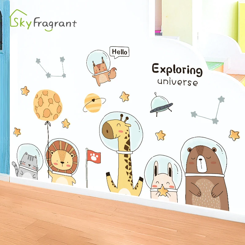 Милые наклейки на стену с изображением космонавта и животных для детской комнаты