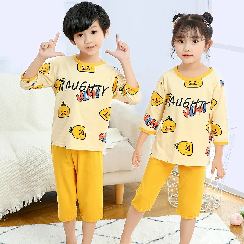 Летняя Детская Пижама пижама с коротким рукавом футболка + штаны 2 шт. мультяшная