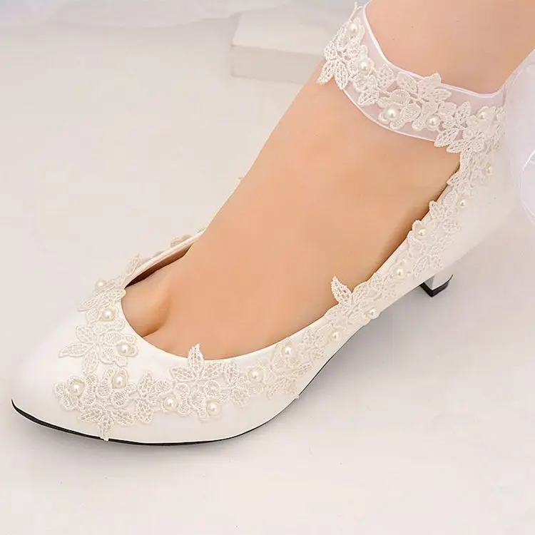 

Fashion women wedding shoes High heels with ankle strap high heels women shoes women wedding White lace pearl embroidery shoes