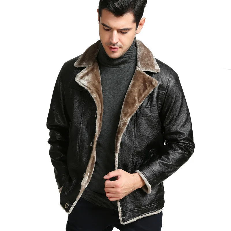 Мужская пушистая куртка из искусственной кожи толстая коричневая плюшевая